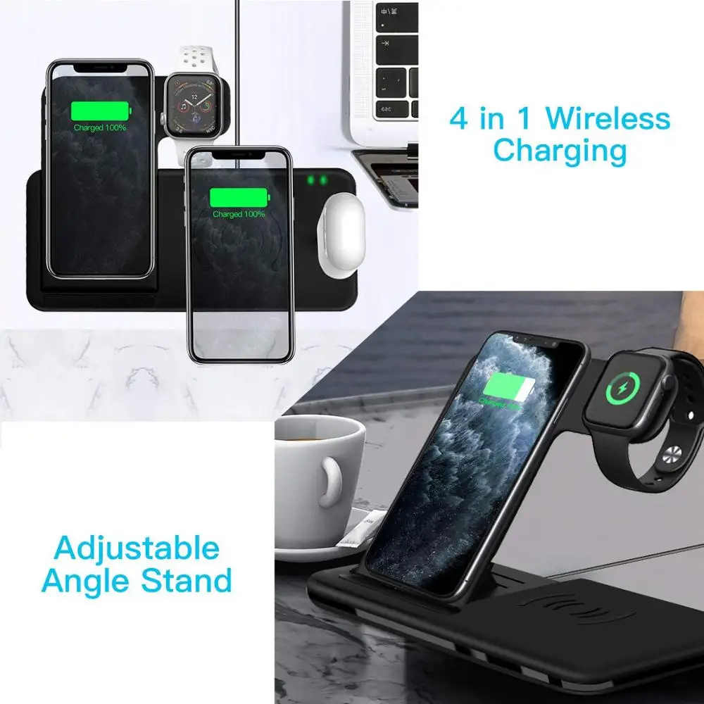 15W Fast Wireless Charger Stand For iPhone 15 14 13 12 11 8 Apple Watch 4 in 1 Foldable Charging Station for Airpods Pro iWatch