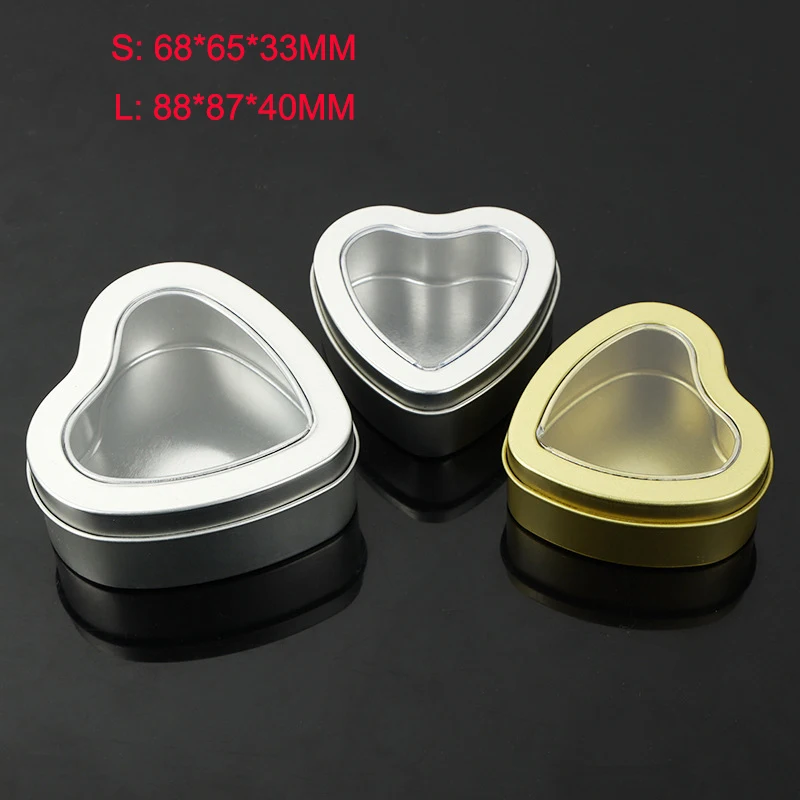 Heart Metal Tins Empty Heart Shaped Silver Glod Color Tins Box with Clear Window for Candle Making Candies Chocolate Storage Box