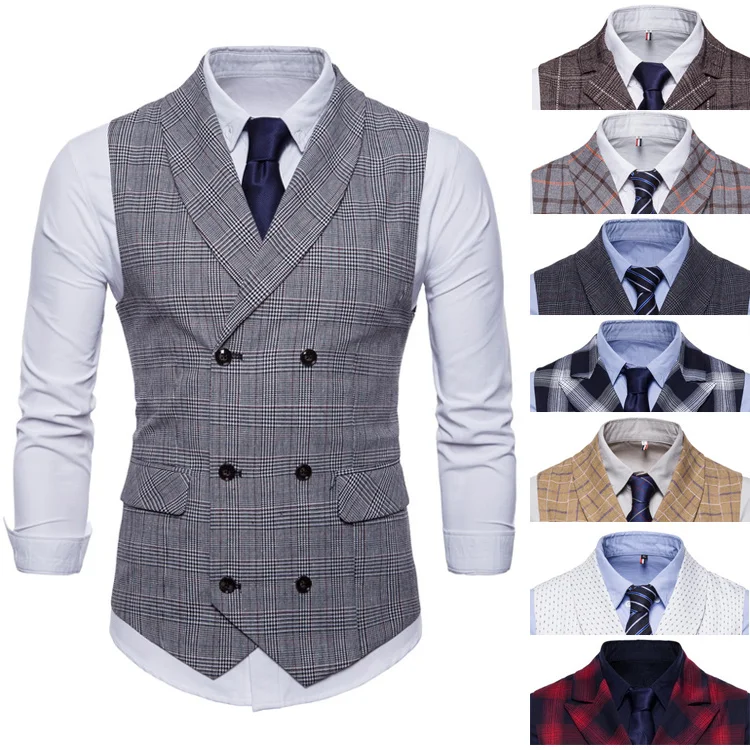 New 2020 Tweed Suit Men Vest Plaid Sleeveless Jacket Vests for Men Waistcoat Vintage Men\'s vest with Lapel gilet homme costume