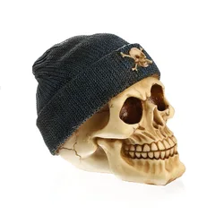 Moquerry Resin Skull With Cap Knitted Hat Gothic Human Skull Statues Handicraft Head Shape Figurines Home Bar Decor Halloween