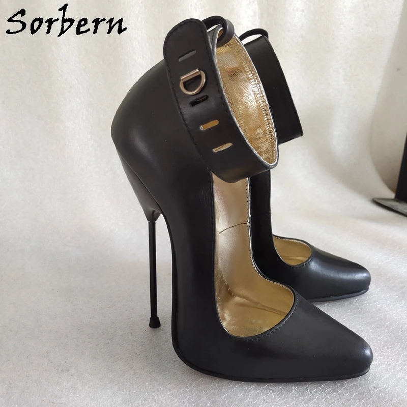 Sorbern Sexy Metal High Heel Women Pump Shoes Stilettos 15Cm Heels Size 38 Ankle Straps Genuine Leather Lady Shoes Crossdresser