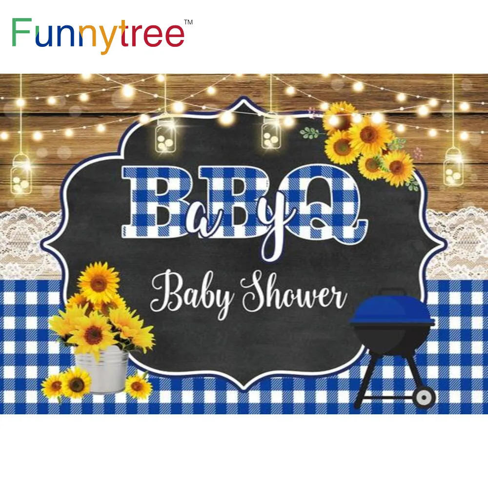 Funnytree Baby Shower Blue Boy Lattice BBQ Wood Background Lights Sunflower Cart Event Newborn Birthday Photo Shoot Backdrop