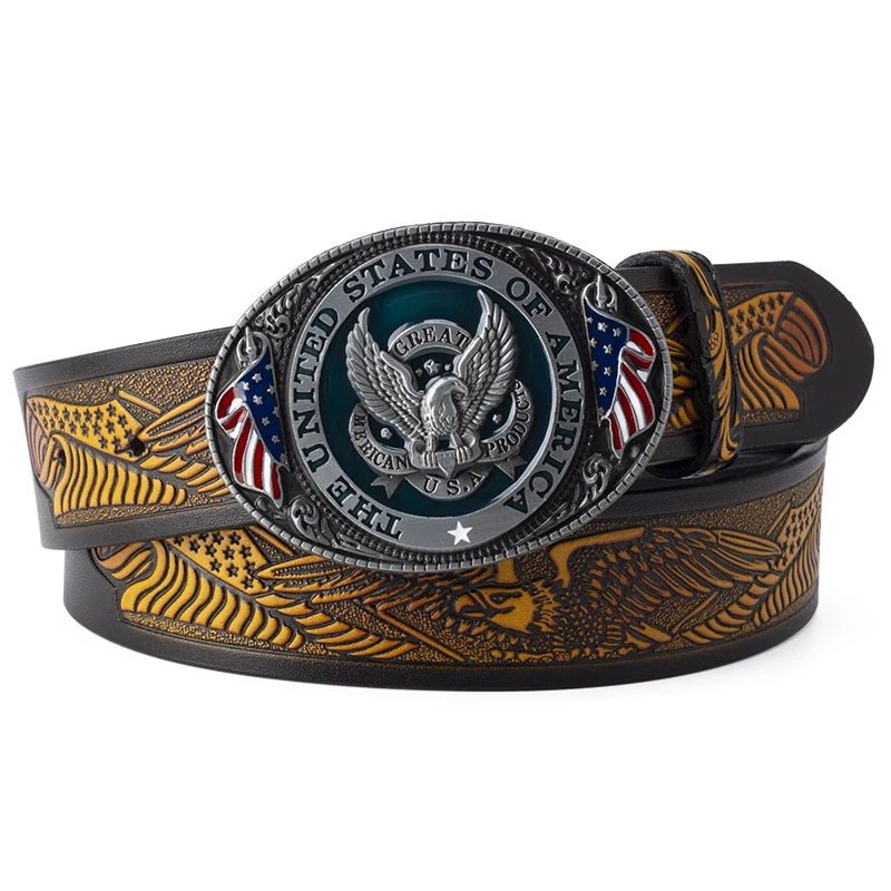 American Flag Buckle Casual Men\'s Belt Male Eagle Genuine Leather Casual Belt Leisure