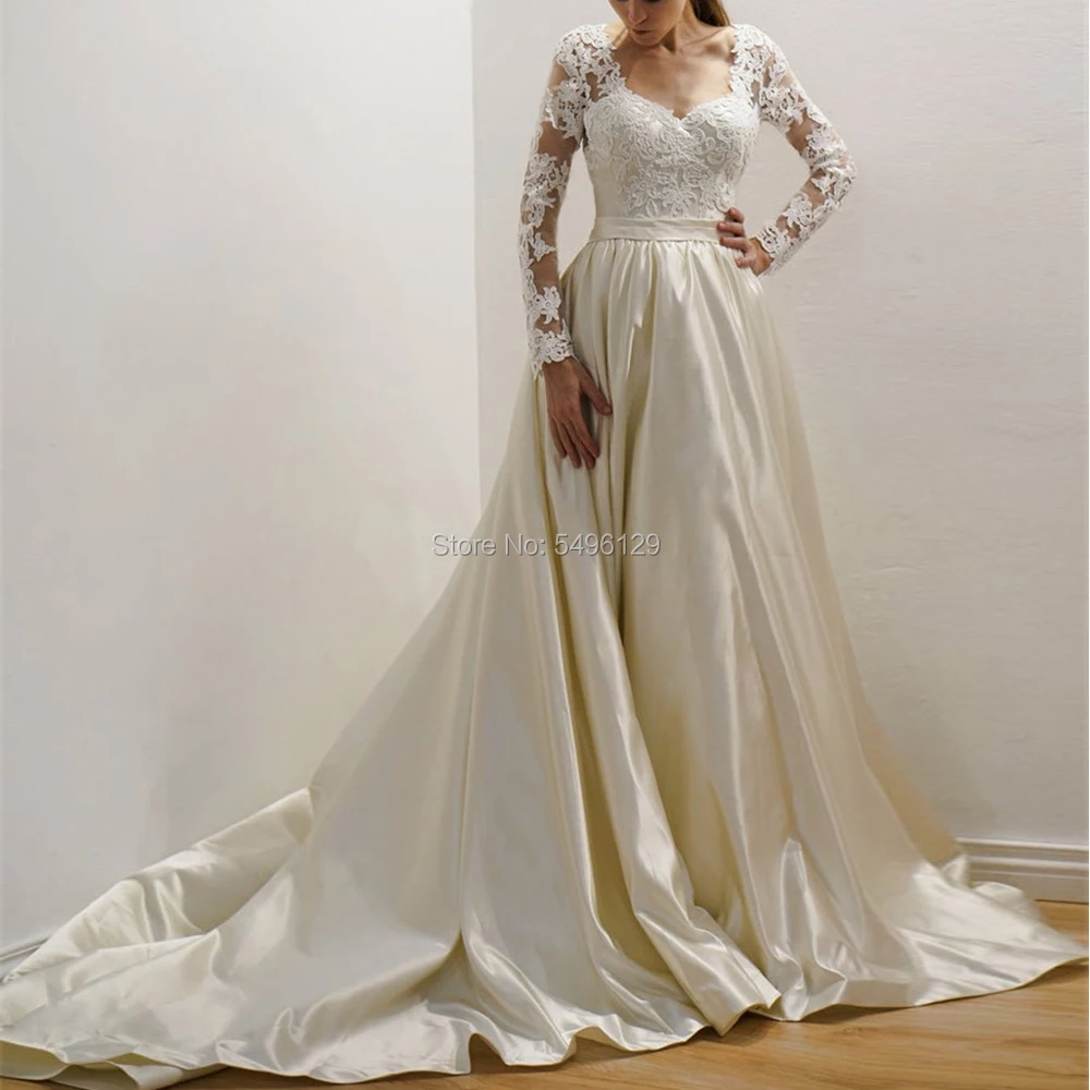 Robe de Mariée Trapèze en Satin à Manches sulfet Dentelle, Vêtement avec lèvent, Transparent dans le Dos, pour Patients