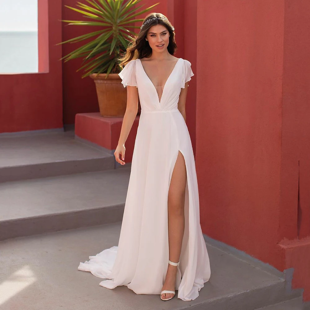 Beach Vestido De Noiva abiti da sposa musulmani A-line maniche lunghe Chiffon Appliques pizzo abiti da sposa economici abiti da sposa