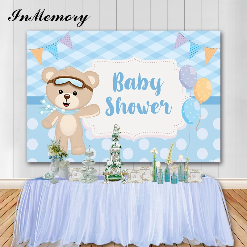 

InMemory Blue Theme Boys Baby Shower Backgrounds For Photo Studio Bear Balloons Newborn Boy Birthday Party Backdrop Photophone