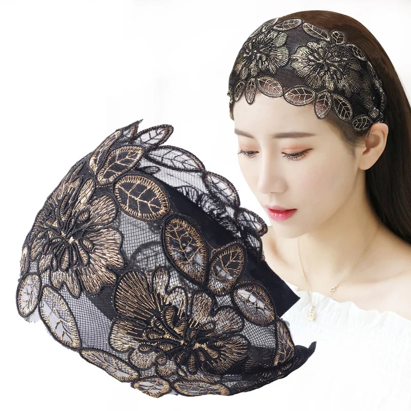 Lace Flowers Headband Wide Women Hair Hoop Head Bands Toothed Non-slip Elastic Hairband Bezel Hair Accessories Headdress