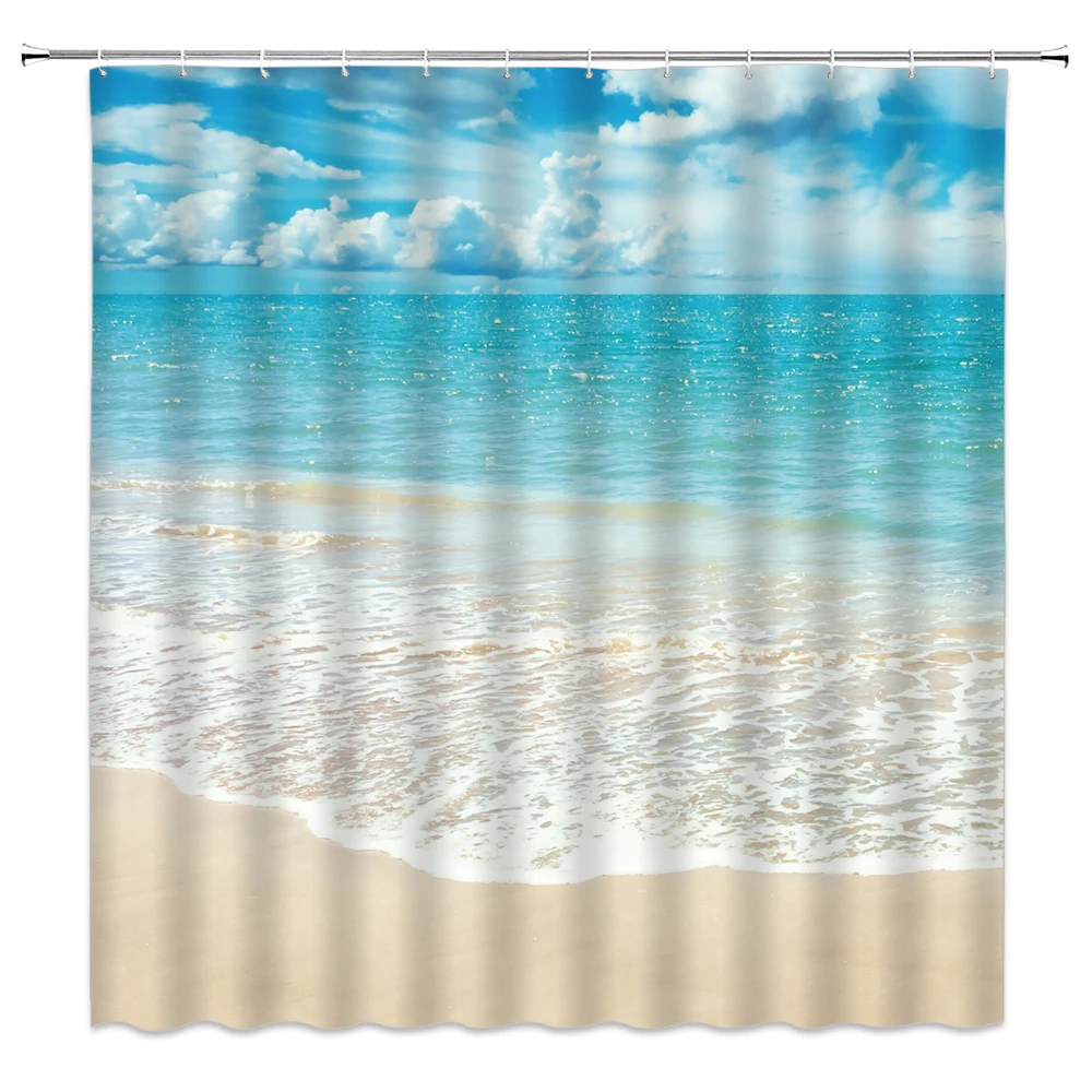 Ocean Beach Shower Curtains Set Sea Wave Summer Scenery Blue Sky Landscapes Shell Starfish Bathroom Decor Polyester Bath Curtain