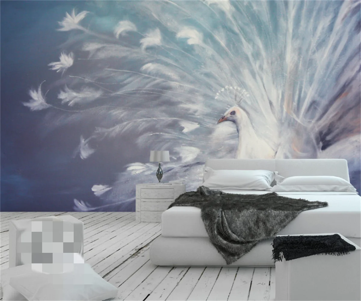 

European oil painting white peacock living room TV background wall painting 3D animal photo home decoration photo wallpaper