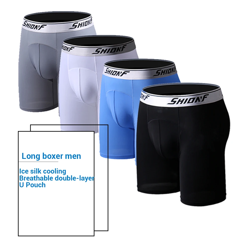 Shionf 7XL Ice Silk Anti Friction Legs 4pcs Long Underwear Fitness Comfortable Men Underpants Thin Stretch Boxers Male Panties