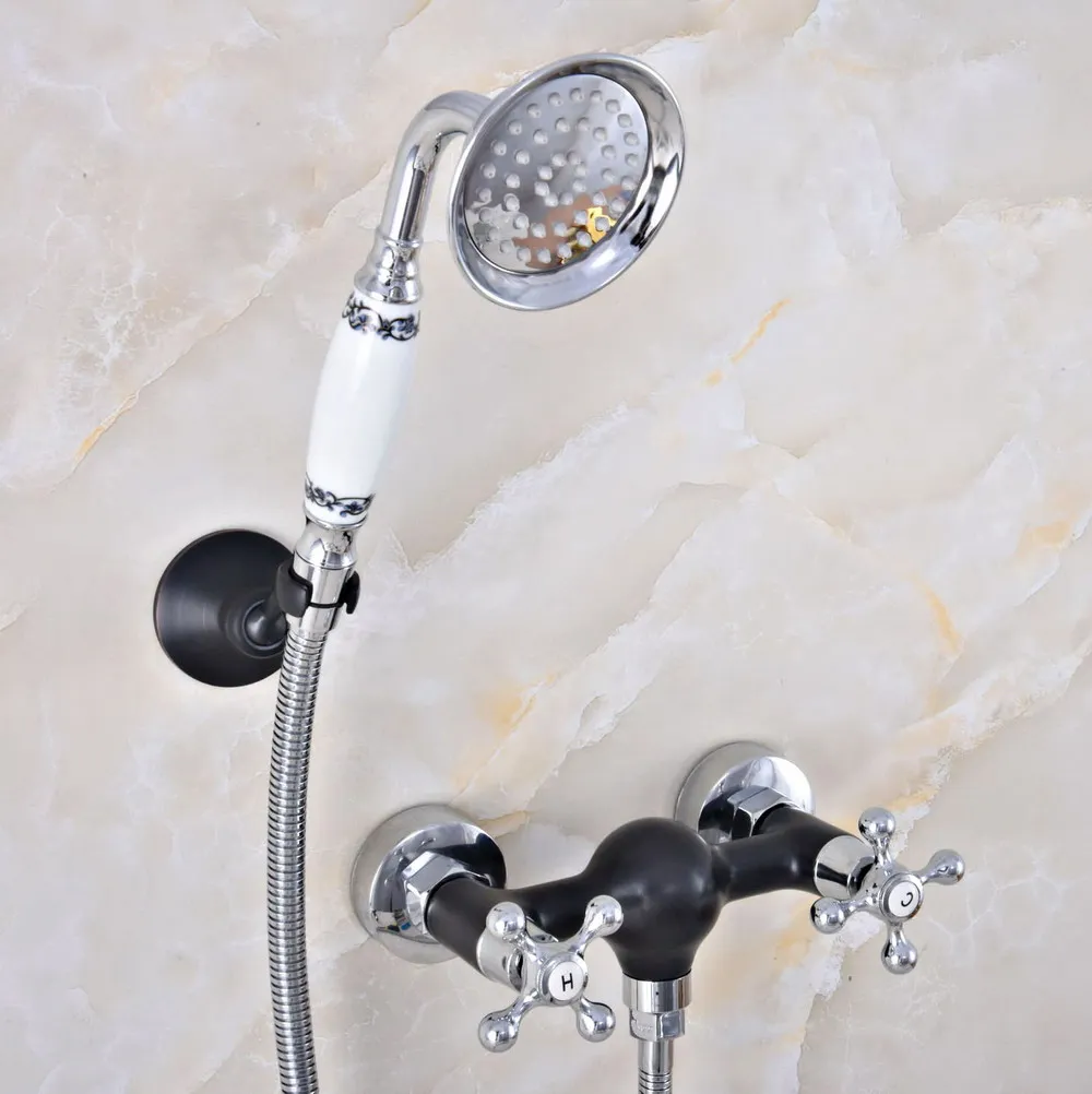 

Black Oil Rubbed & Silver Chrome Brass Wall Mount Bathtub Faucet with Handheld Shower Set +1.5M Hose Mixer Tap 2na639