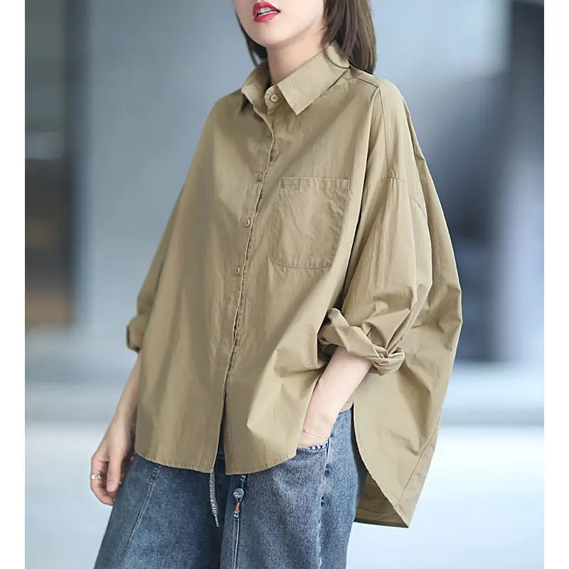 2021 New Spring/autumn Women Loose Turn-down Collar Long Sleeve Blouse Good Quality Pockets Cotton Linen Casual Shirts W590