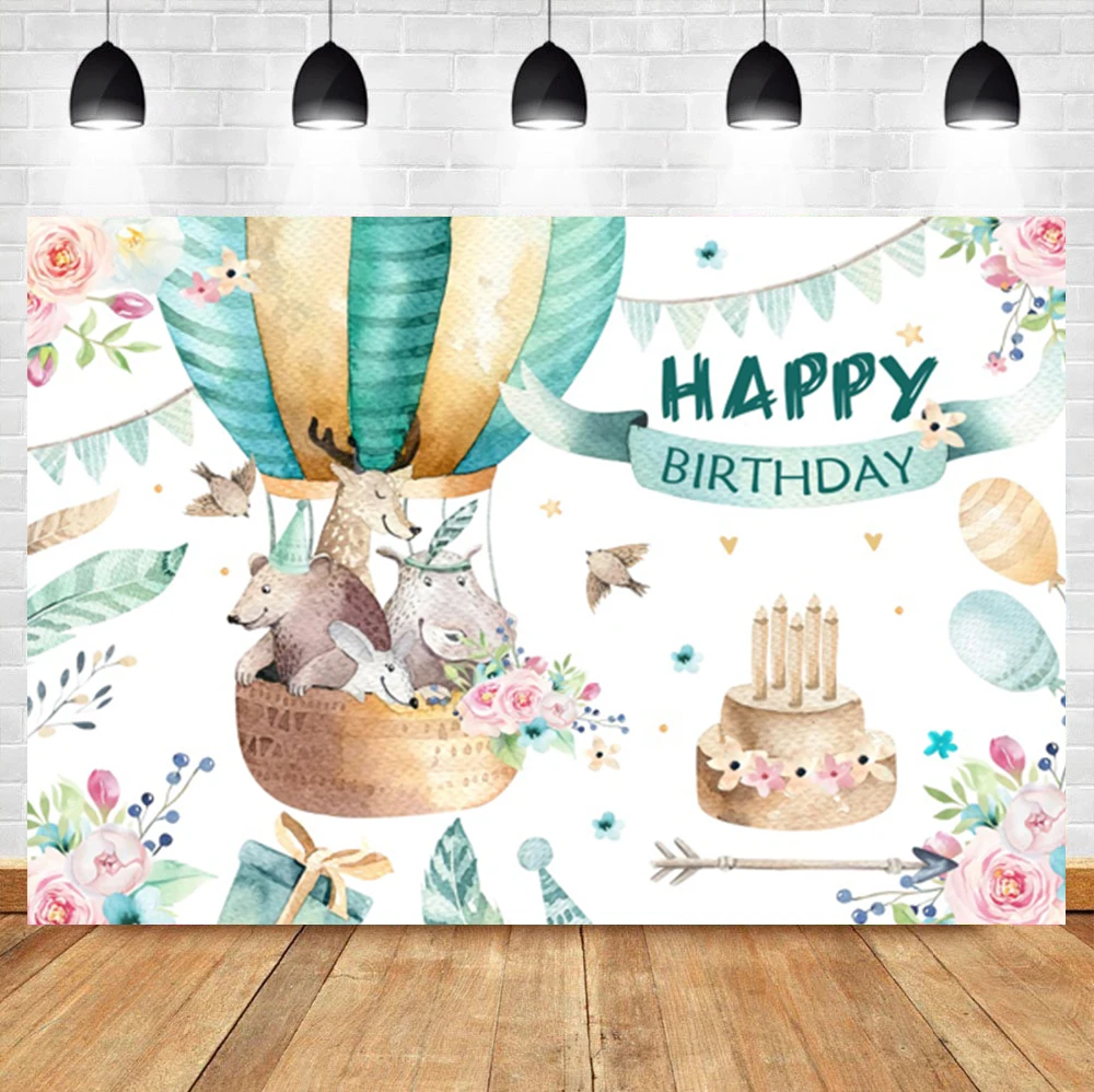 Laeacco-fondo fotográfico personalizado para fiesta de cumpleaños de bebé, telón de fondo de animales con globos de aire caliente, pastel, para estudio fotográfico