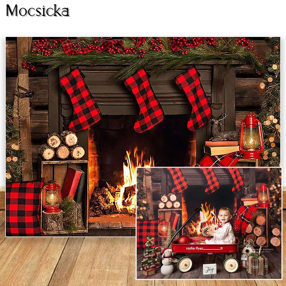 Christmas Fireplace Red Socks Backdrops For Photography Newborn Baby Children Birthday Photographic Studio Photo Backgrounds