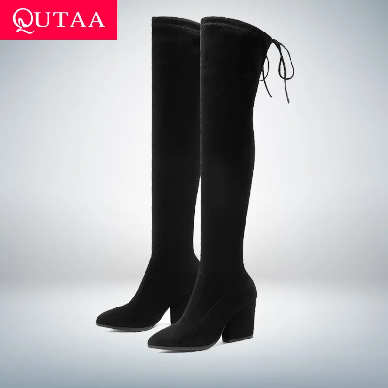 QUTAA 2021 Women Shoes Over The Knee High Boots Pointed Toe Autumn Winter Shoes Women Hoof Heels Flock Women Boots Size 34-43