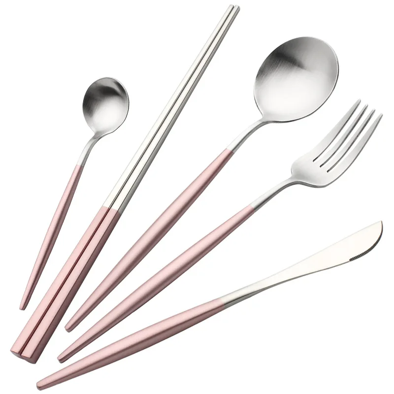 

Pink Silver Tableware Set Stainless Steel Western Steak Knife Fork Coffee Spoon Teaspoon Kitchen Chopsticks Set Gold Cutlery Set