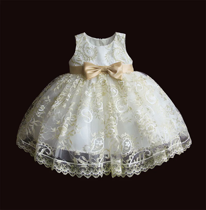 Golden Lace Girl Dress Summer Tutu Wedding Birthday Party Kids Dresses For Girls Children's Costume Bow Ball Gown 3 6 12 24M 3T