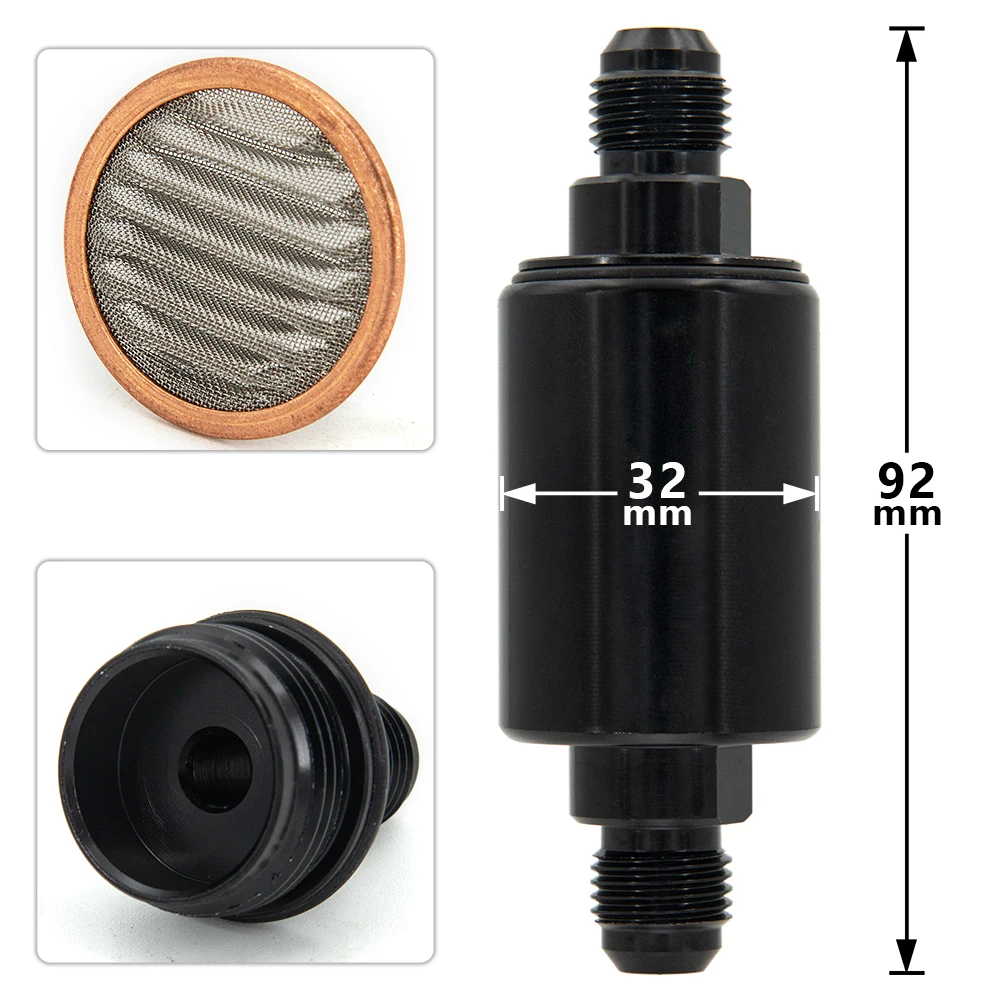 Aluminum JDM Car Fuel Oil Filter OD 32mm With 80 Microns 304 Steel Filter Element And AN6 / AN8 Fittings