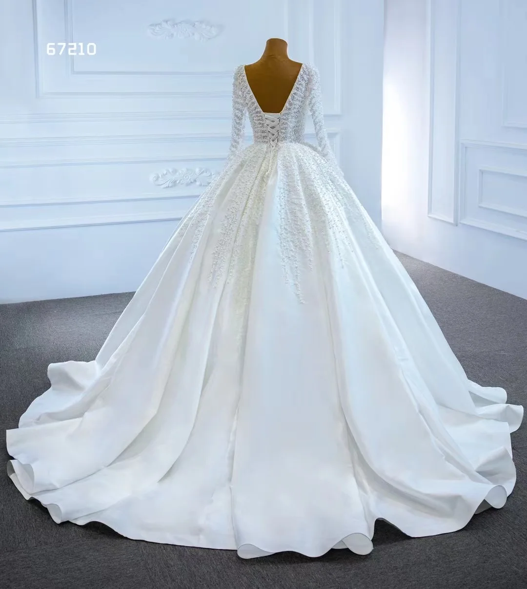 Vestido de novia de manga larga con perlas, elegante, con cuentas