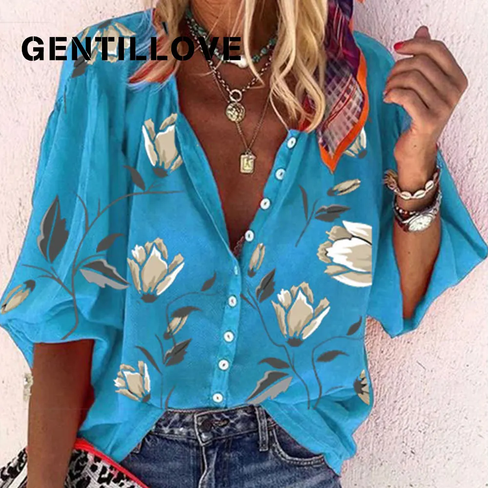 Gentillove Summer Lesure Blouses Women\'s Floral Print V Neck Loose Shirts Oversized Single-breasted Tops Vintage Tunics