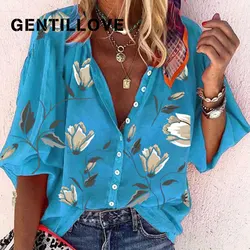 Gentillove-女性の花柄Vネックブラウス、夏の光沢のあるブラウス、ルーズシャツ、特大、シングルブレストトップス、ヴィンテージチュニック