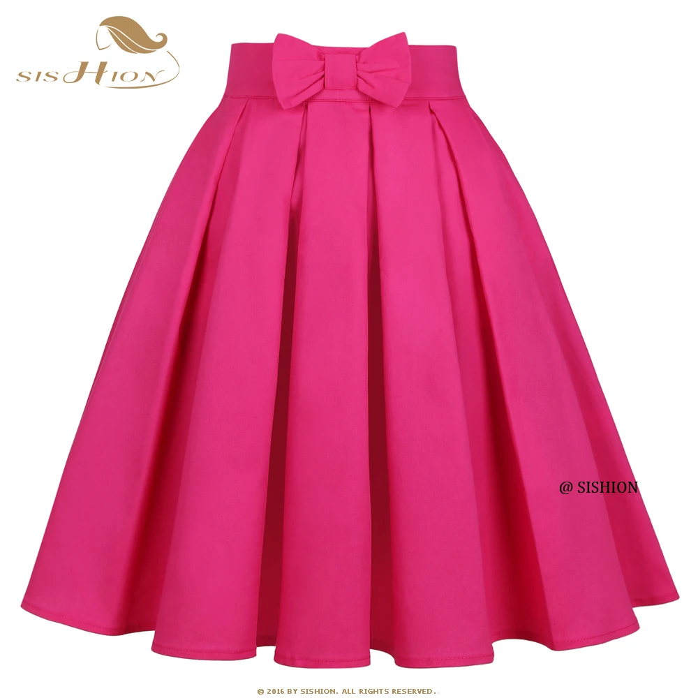 

SISHION Cotton Solid Color Dark Pink Rose Red Skirt with Bow SS0012 Y2K Vintage Party Pleated Women Midi Skirts Jupe Femme