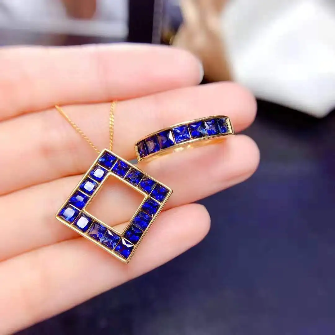 FS Fashion Natural Sapphire/Ruby S925 Sterling Silver Fine Jewelry Geometric Square Ring Pendant Necklace Set for Women MeiBaPJ