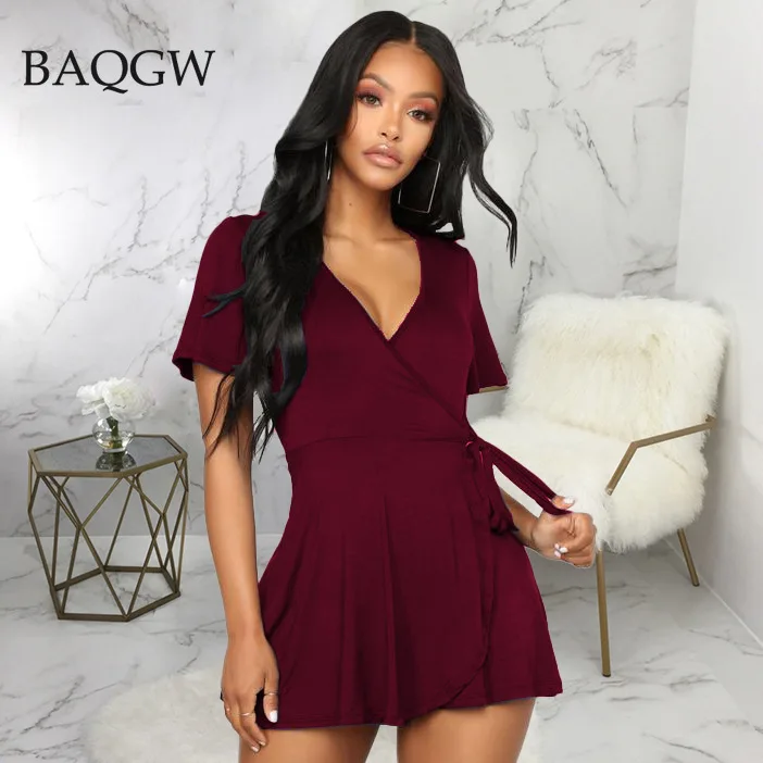 

Female Retro Elegant Casual Short Sleeve Office Women Solid Pleated Playsuit Spring Autumn Sexy V Neck Lace Up Bandages Jumpsuit