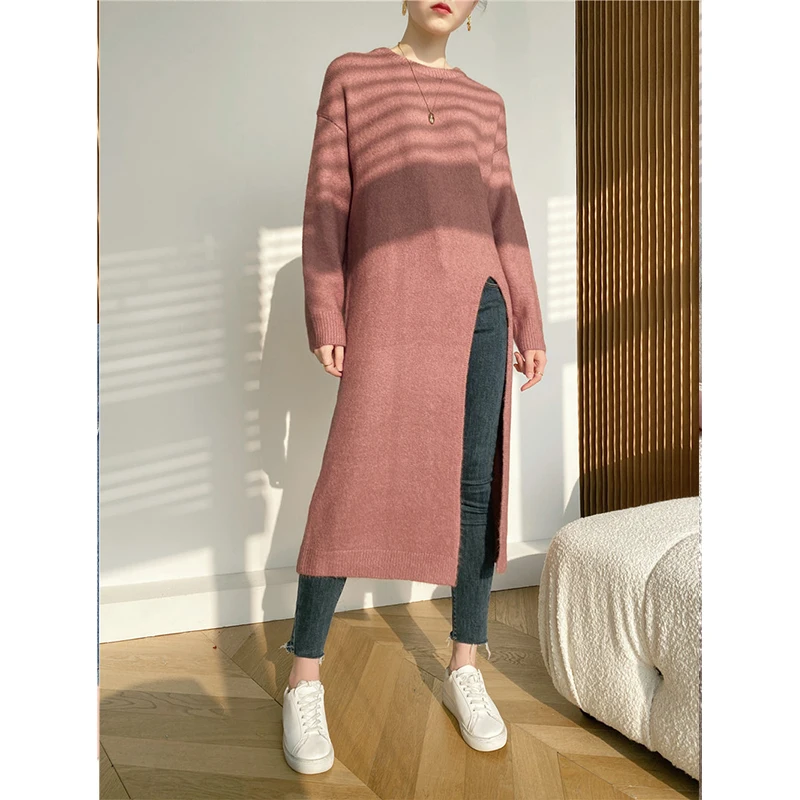 [ZAYAU]Autumn and Winter New Sweater Coat women\'s Simple Lazy Medium Length Knitted Split Pullover Dress