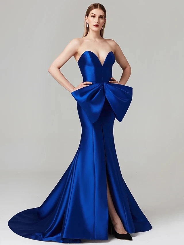 Vestidos de Noche formales de sirena con abertura azul real, ropa de Gala de satén con lazo, vestido de fiesta de graduación, hecho a medida, 2024