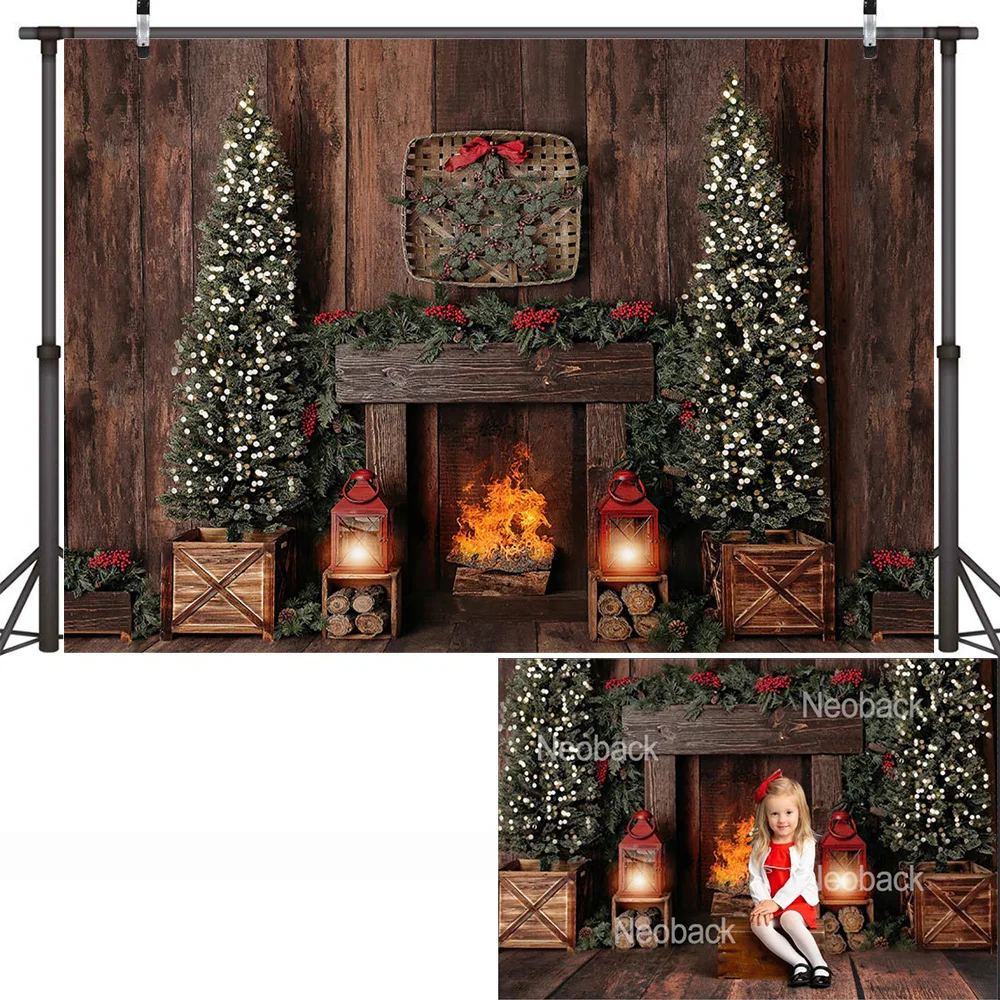Giáng Sinh Lò Sưởi Phông Nền Chụp Ảnh Cây Giáng Sinh Vintage Gỗ Mộc Mạc Treo Tường Quà Giáng Ảnh Nền Windows Mùa Đông Photocall