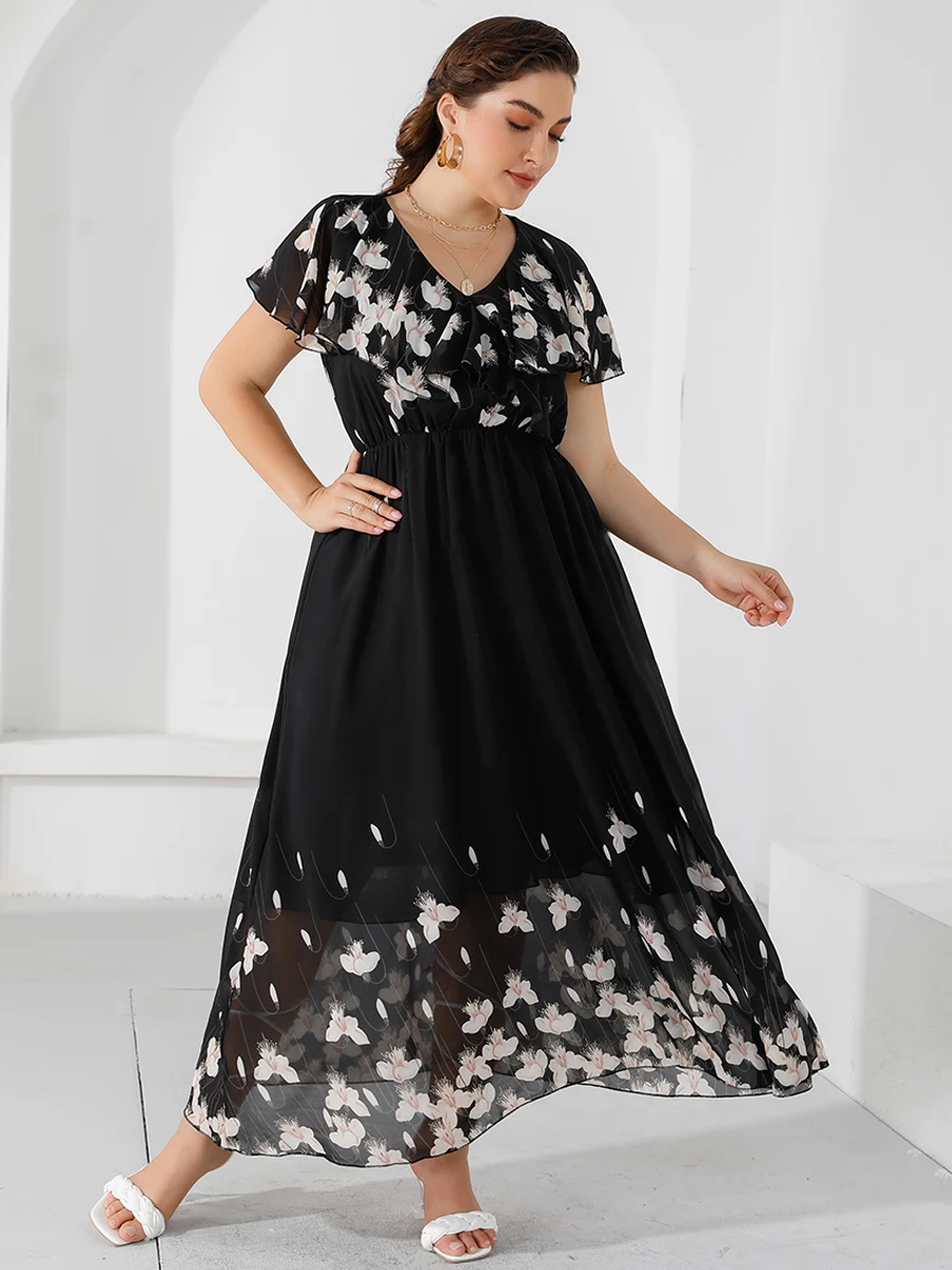 Plus Size Casual Women\'s Dresses 2024 Summer Ruffles V Neck Short Sleeve Floral Maxi Long Dress Black Chiffon Boho Beach Dresses