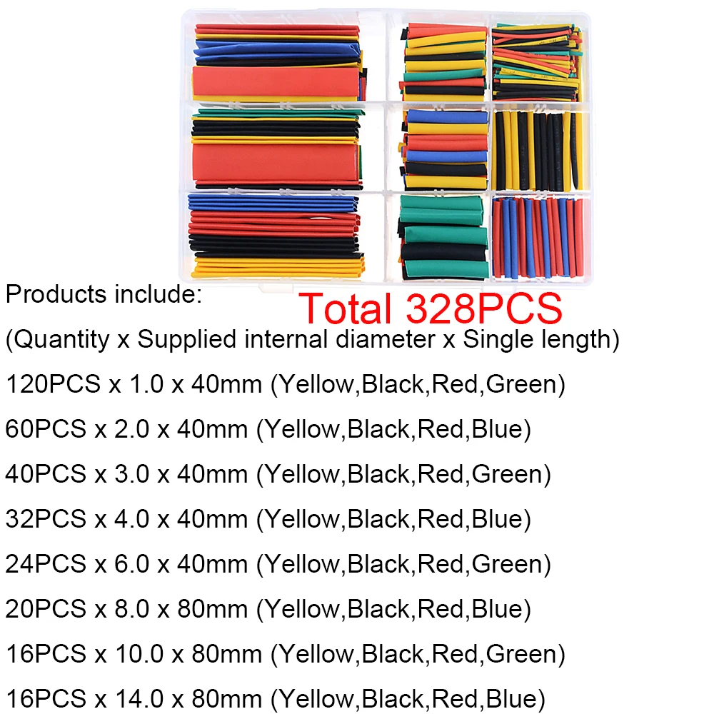 328PCS/Box Heat Shrink Tube Assorted Insulation Shrinkable Tube 2:1 Wire Cable Sleeve Kit Polyolefin Insulation Sleeving