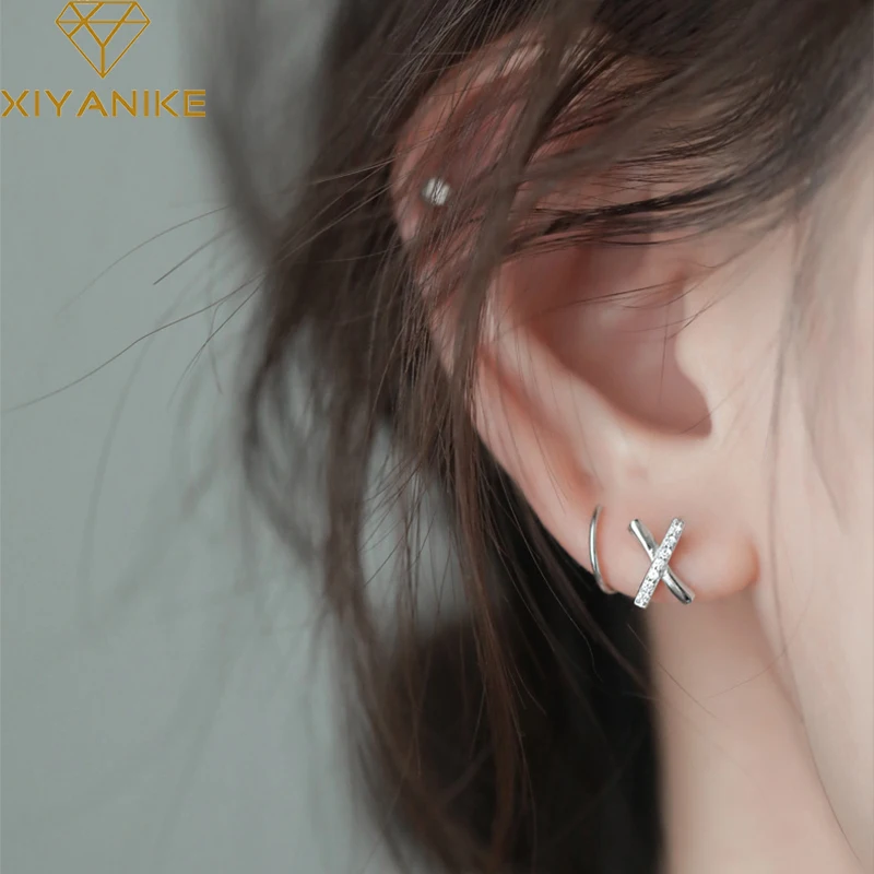 XIYANIKE Silver Color  Korean X-shaped Cross Zircon Rhinestone Earrings Female Simple Fashion Handemade Ear Jewelry Girls