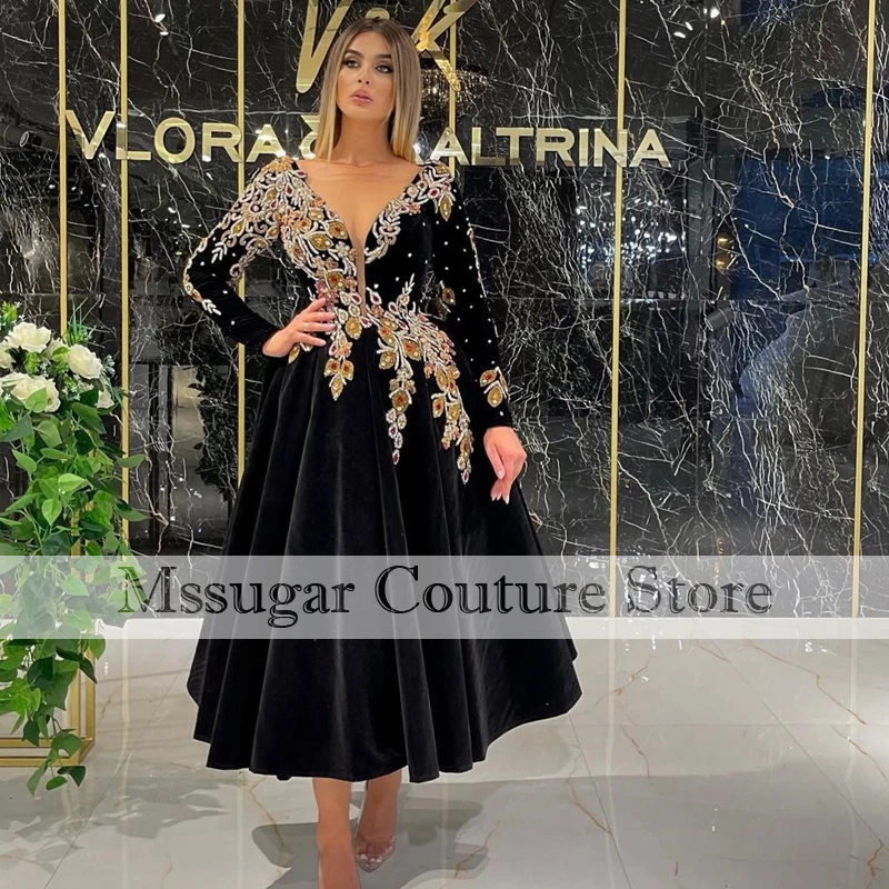 

Luxury Black Evening Dresses Appliques Sweetheart Beading Longsleeves Celebrity Dress Vestidos Elegantes Para Mujer