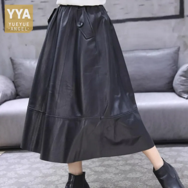 

Harajuku Genuine Leather Skirt Women Loose Elastic High Waist Umbrella Skirts Fashion Casual Female Black Mid-Calf A Line Skirts