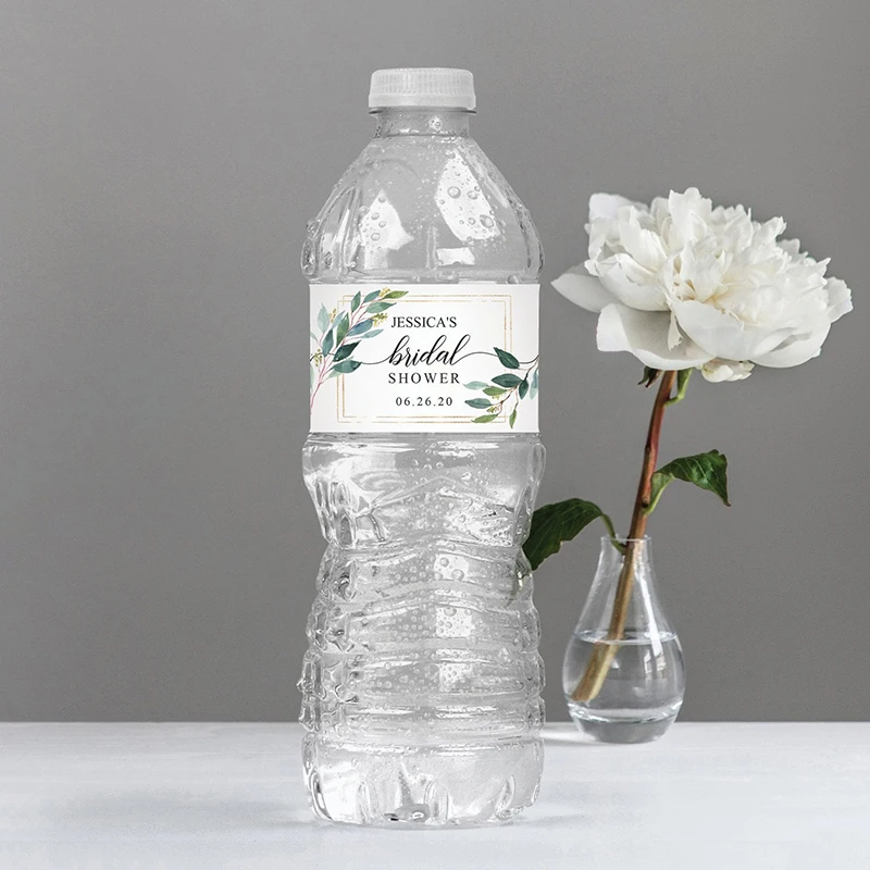 Printable Printed Greenery Wedding Water Bottle Labels - Green & White Custom Water Bottle Labels, Personalized Water Bottle