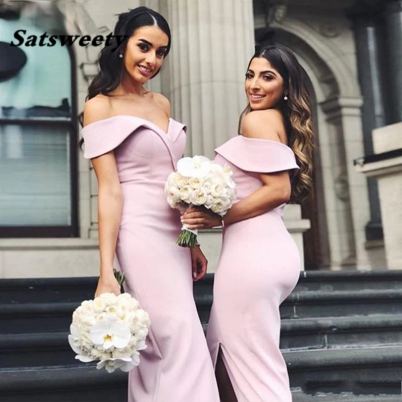 Tea Length Mermaid Bridesmaid Dresses With Off Shoulder Front Split Country Garden Simple Wedding Guest Gowns Blush Pink