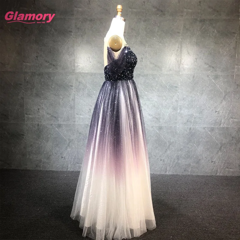 New Arrival Off-Shoulder Party Prom Crystal Beaded Gradual Change Color Shining Tulle Evening Gowns