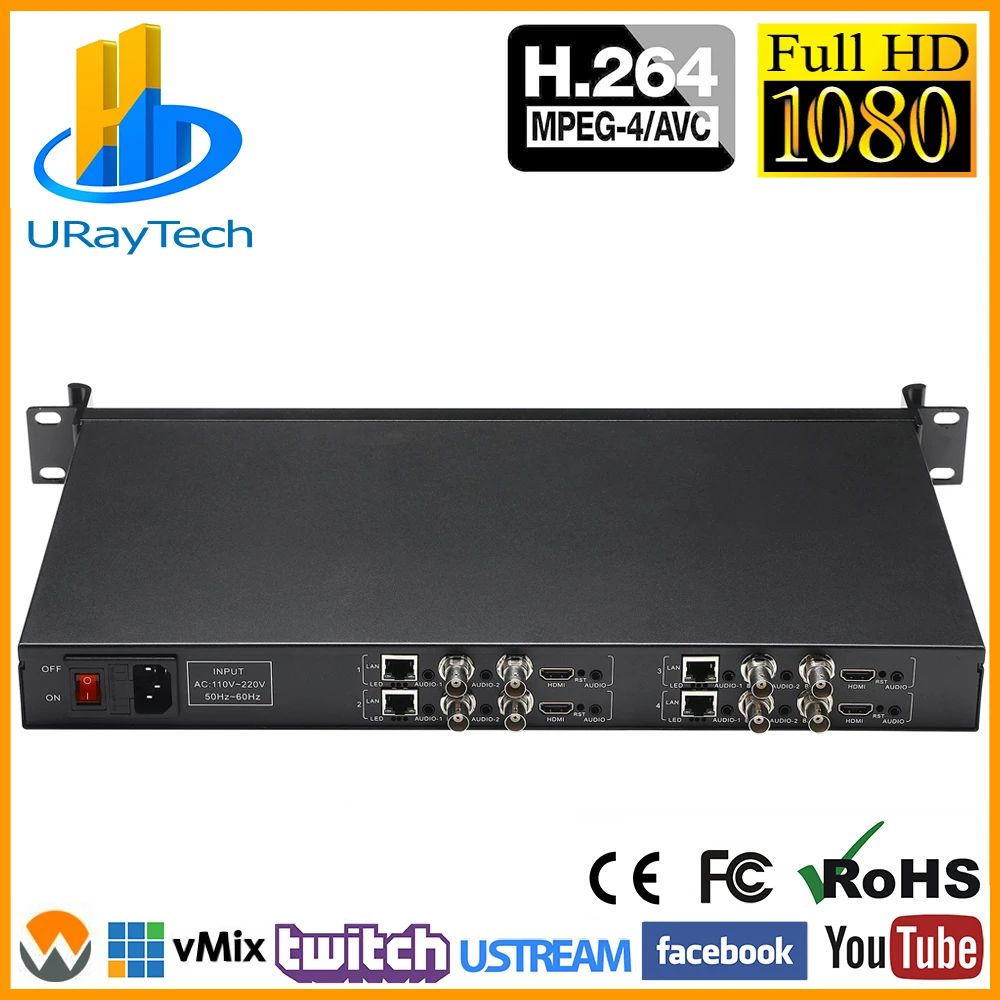 

1U Rack 4 In 1 HDMI + CVBS + Stereo Audio Encoder IPTV 4 Channels HD SD Video Encoder H.264 Live Streaming Encoder Transmitter