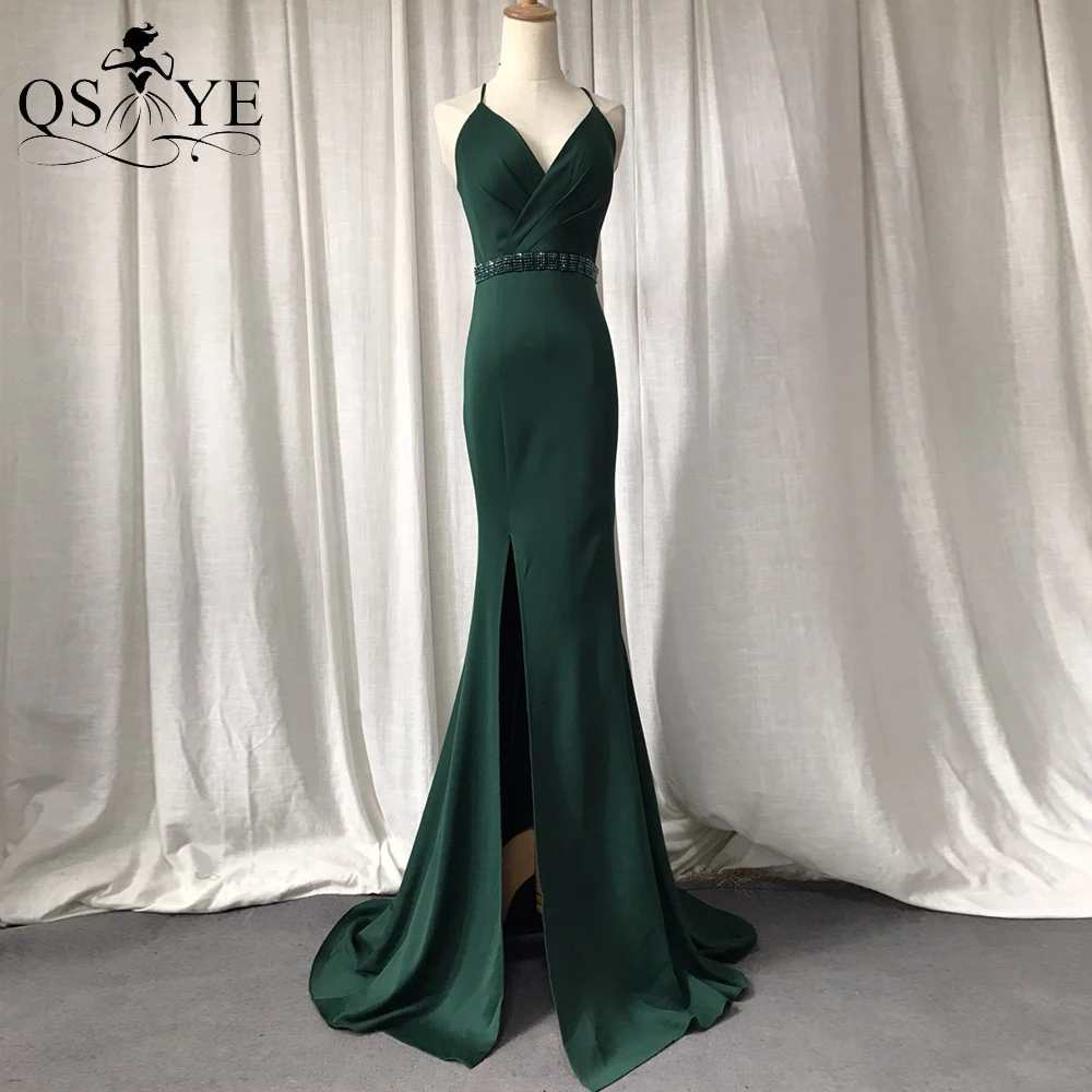 Emerald Mermaid Long Evening Dresses Slit Sexy Ruched V neck Prom Gown Long Tail Open Back Green Bead Crystals Sash Party Dress