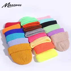 Women Man Winter Ribbed Knitted Cuffed Short Acrylic Melon Cap Casual Solid Color Skullcap Baggy Retro Ski Adult Beanie Hat