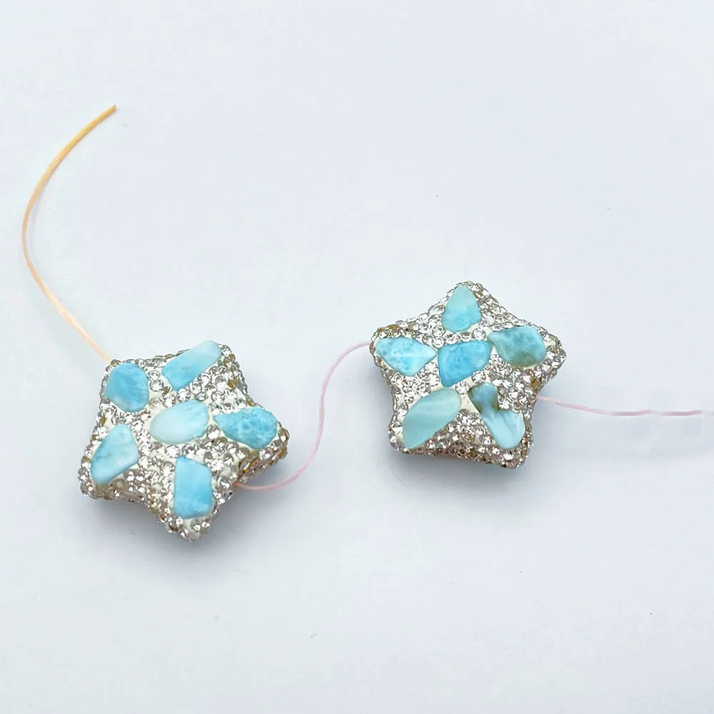 5Pcs Star Shape CZ Pave Silver Rhinestone Pave Blue Larimar Beads Jewelry Findings