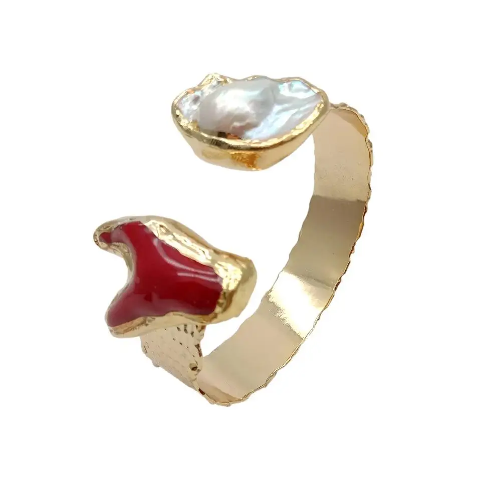 

KKGEM 24x39mm Red Coral plated Cultured White Keshi Pearl Bangle Adjustable Bohemian Vintage Style Jewelry bracelet