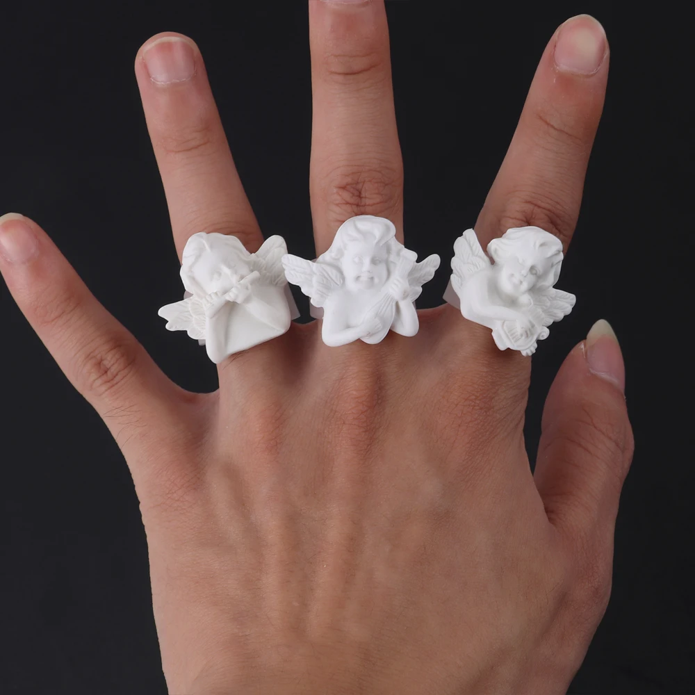 Trendy White Cute Cupid Angel Resin Ring For Women Men Vintage Creative Geometric Adjustable Finger Ring Fashion Jewelry Gifts