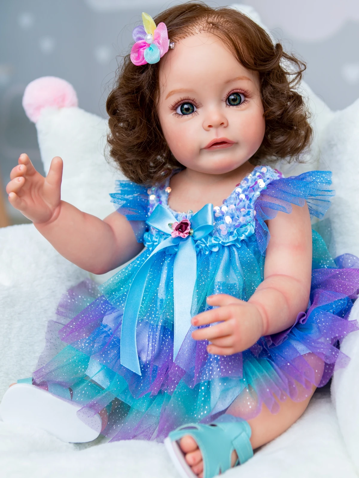 

55CM FUll body Silicone Reborn Toddler Girl Princess Sue-Sue Hand-detailed Painting Rooted brown Hair waterproof Toy Bebe