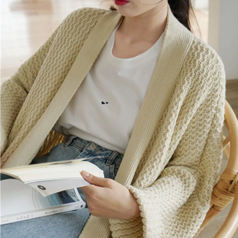 [ZAYAU]Long Large Sweater Coat Women Over the Knee in Autumn and Winter Lazy Loose Oversize Cardigan Solid Color Blue Rice White