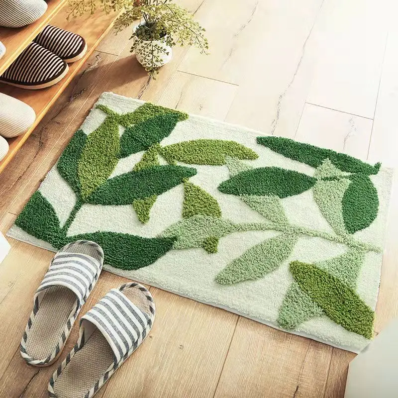 Green Leaves Flocking Bath Mat Non-slip Absorbent Microfiber Bathroom Rug Home Entrance Door Mat Super Soft Bath Carpet Tapijt