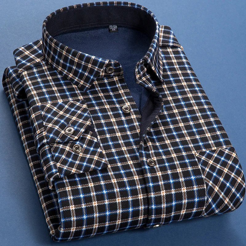 Camisa cálida de lana para hombre, camisa de manga larga con estampado de moda para negocios, de talla grande, gruesa, a cuadros, M-6XL, otoño e