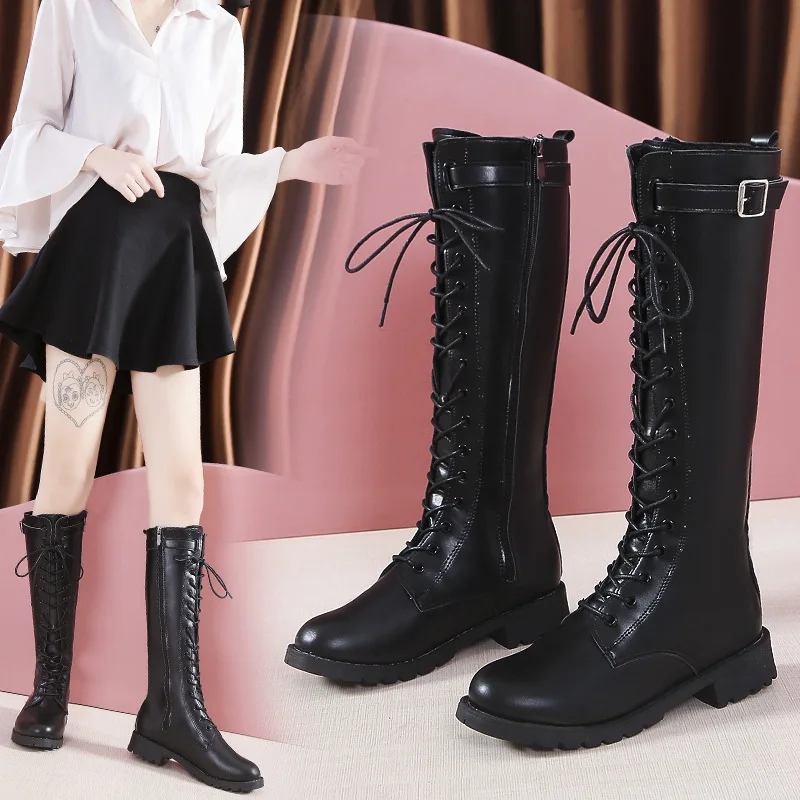 

New Party Design High heels Boots Shoes Women Spring Autumn Thick heel Long Pu Soft Leather Motorcycle Boot Shoes Large size